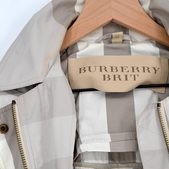 BURBERRY BRIT Checked Twill Jacket Hooded Drawstring Neutral Beige Women's 10 - Picture 10 of 13
